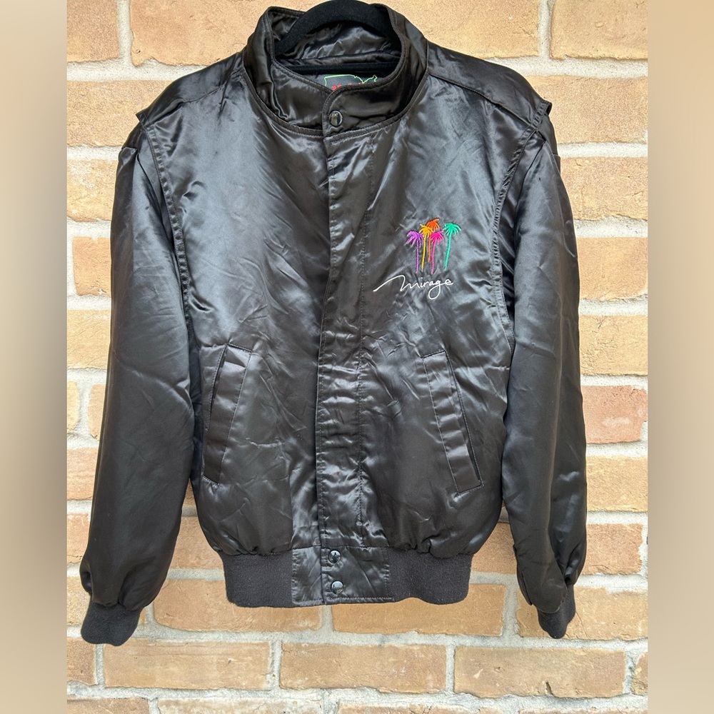 Vintage Las Vegas Mirage Black Satin Women’s Bomber Small Palm Trees Casino Wear